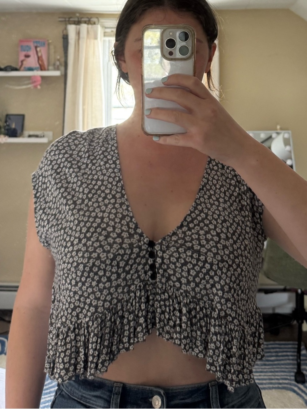 Urban Outfitters Black and White Ditsy Floral Ruffle Crop Top